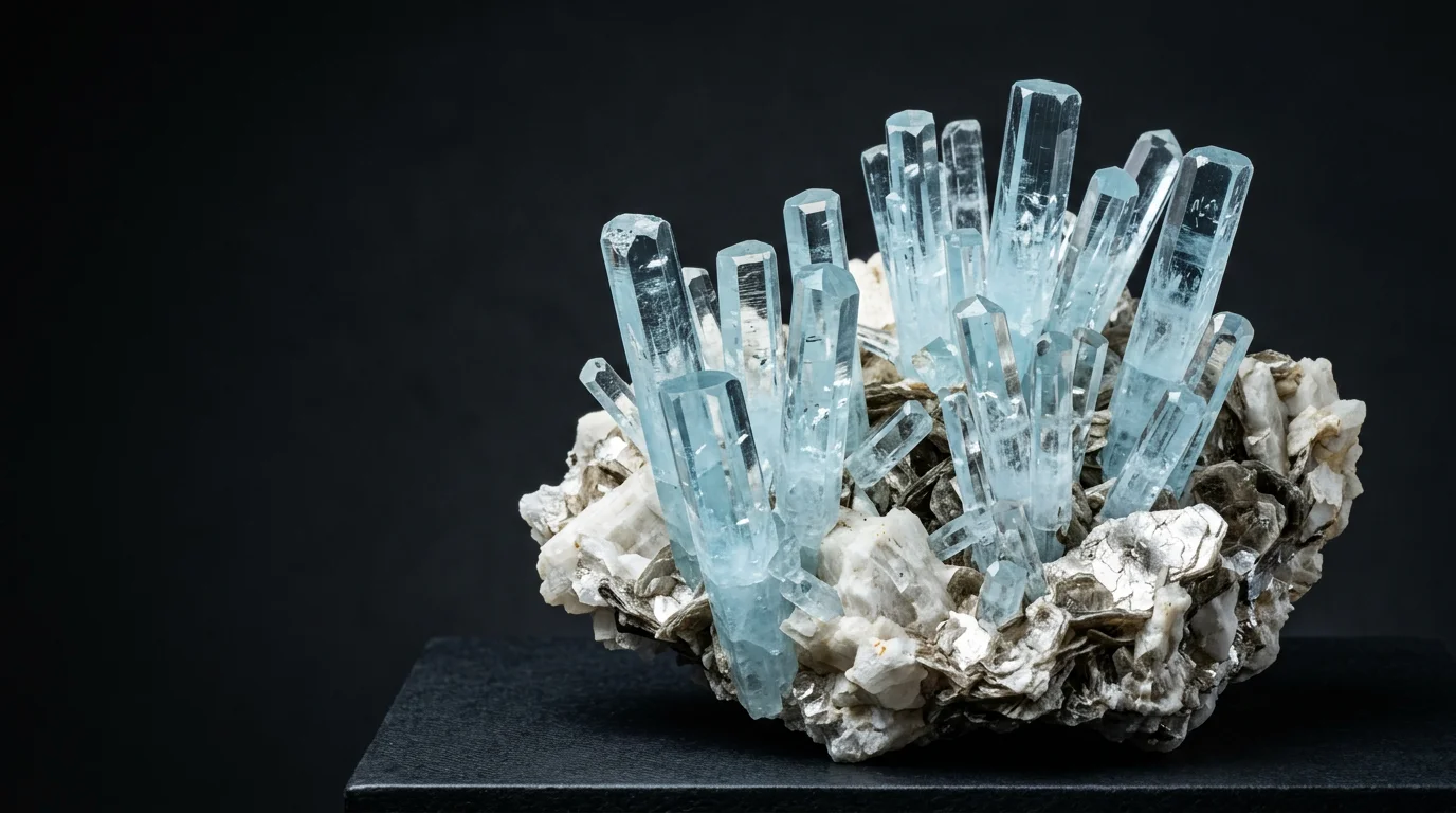Illustrative ice-blue aquamarine crystals on a natural albite matrix